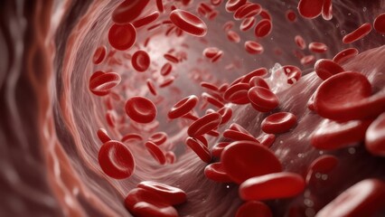 Close up view of red blood cells flowing through a blood vessel.