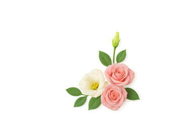 Corner floral arrangement with pink roses, white lisianthus, green leaves, and bud on transparent background