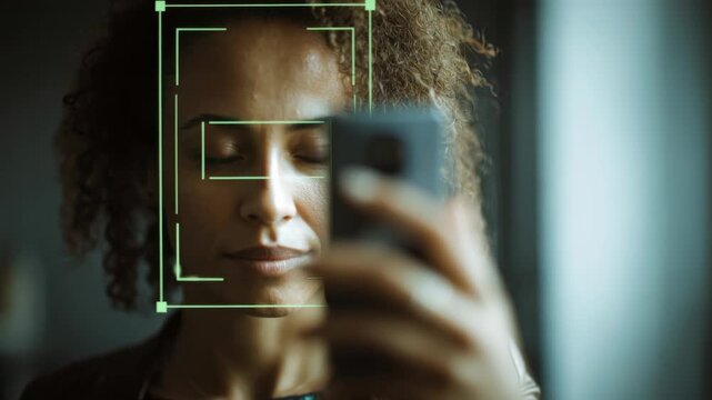 Medium shot capturing a professional using facial recognition technology on a digital device to authenticate identity seamlessly. - Powered by Adobe