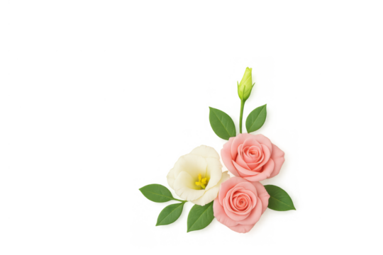 Corner floral arrangement with pink roses, white lisianthus, green leaves, and bud on transparent background - Powered by Adobe