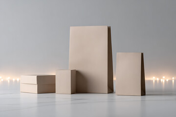 symmetrical composition of shopping bags and boxes on white floor with festive lighting, depicting post-holiday sale concept