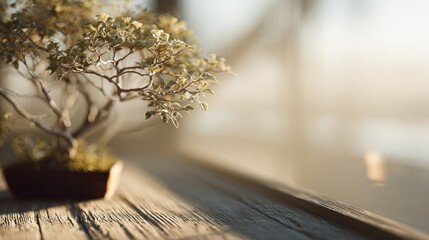 Tranquil bonsai tree near a sunlit window, a symbol of peaceful contemplation