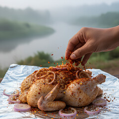 A close-up of a person seasoning a whole raw chicken with chili flakes and onions on foil beside a scenic riverside in the morning mist.
