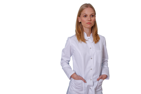 Woman doctor or scientist wearing a white lab coat, posing confidently while standing, representing healthcare and research - Powered by Adobe