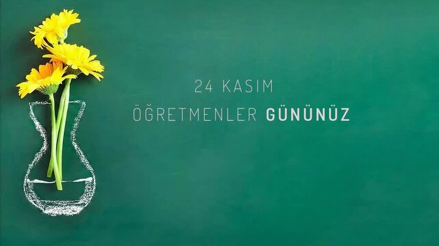 A glass sketched on a green board with a flower placed on it, animated with a water-filling effect for 24 November Teachers Day. Translate: 24 Kasım &Ouml;ğretmenler g&uuml;n&uuml;n&uuml;z kutlu olsun.