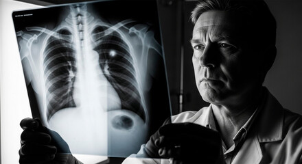 Serious doctor examining a human chest X-ray film in the clinic