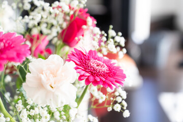 柔らかい光に包まれた華やかなピンクガーベラの花束