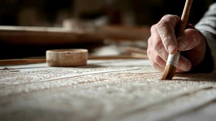 Medium shot of a craftsman applying embossing powder on a handmade invitation card highlighting raised textures and detailed patterns.