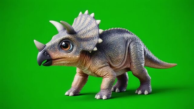 Close up of a toy triceratops with large eyes against a bright green background in studio light dinosaur green screen video