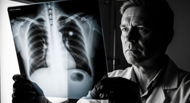 Serious doctor examining a human chest X-ray film in the clinic