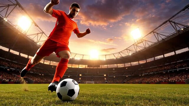 Professional Male Soccer Player in Red Uniform Dribbling the Ball During a Match in a Vast Stadium, Captured in Dramatic Golden Hour Light with Bright Stadium Lamps