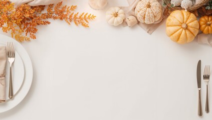 Minimal Thanksgiving table with empty plates and copy space for text or advertising design