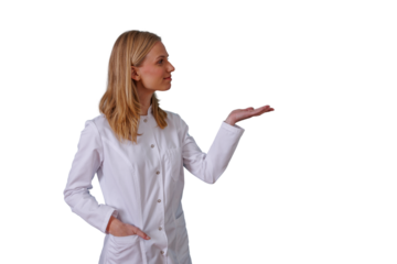Female medical professional standing, holding hand open, presenting product or advice, blonde woman in lab coat