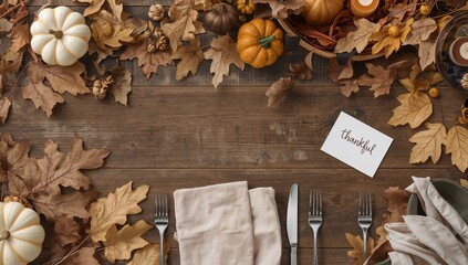 Top-down flatlay of Thanksgiving table decor with autumn leaves, napkins, and “thankful” note