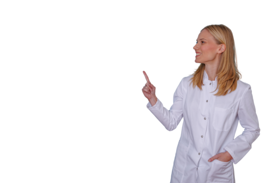 Woman scientist wearing lab coat pointing left, making presentation or advising, smiling professional pharmacist or doctor, transparent background