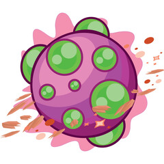 Abstract cartoon pink and purple planet with green glowing circles and motion blur effect on a transparent background