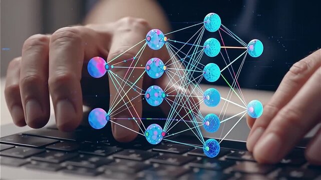 Hands Typing on a Computer Keyboard with a Brightly Illuminated 3D Rendered Neural Network Model Superimposed, Symbolizing Coding, Artificial Intelligence, and Deep Learning Technology