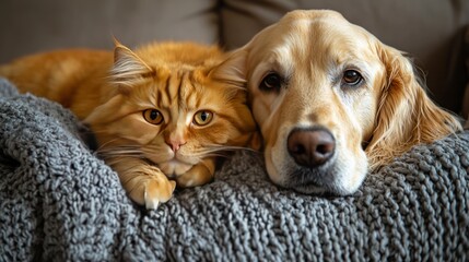 Obraz na płótnie Canvas A cozy portrait featuring a golden retriever and an orange cat, snuggling on a blanket
