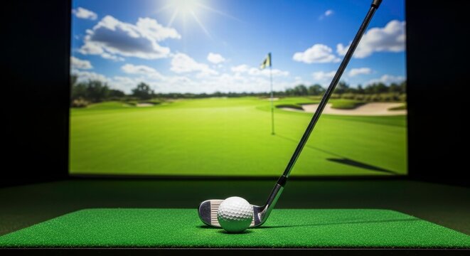 Golf Simulator: A captivating golf simulator setup, featuring a golf club poised to strike a ball, with a scenic golf course displayed on the screen. The scene exudes leisure and sport.