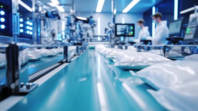 Automated production line processing sealed white packages in a sterile blue environment