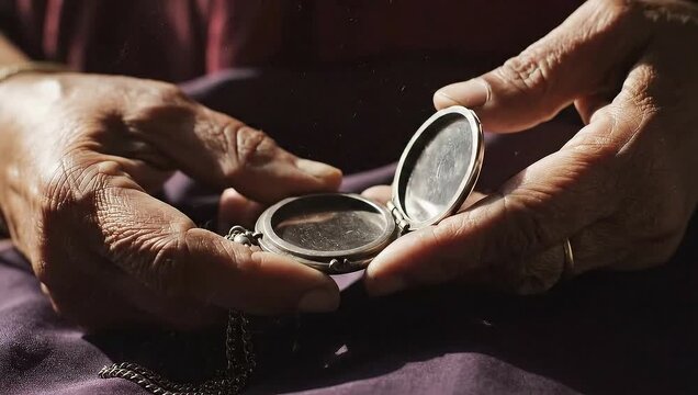 Old Woman Hands Gently Holding Silver Locket Warm Sunlight Closeup