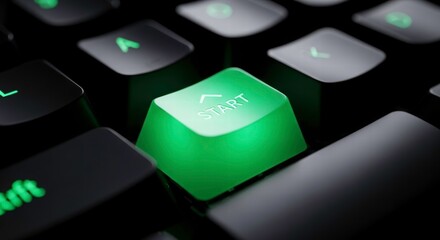 Illuminated Start Key: A close-up shot of a modern keyboard highlights a radiant green START key, embodying new beginnings and initiating a digital journey.