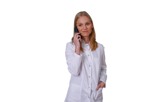 Female doctor or medical professional talking on smart phone, communicating and providing healthcare support
