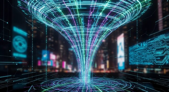 Digital Data Stream: A captivating visualization of data streams converging into a central vortex, symbolizing the flow of information and technology within a cityscape.