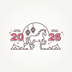 minimalist 2026 year of the horse, chinese new year line art icon badge logo vector illustration design