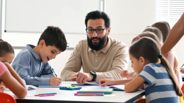 Cheerful Male Teacher with a Beard Helping Diverse Young Students with Their Writing Activity at a Table in a Bright Classroom, Symbolizing Personalized Learning and Education