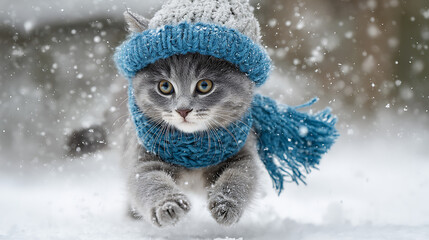 A fluffy gray kitten wearing a blue knit scarf and matching cap sprints through snowy winter air