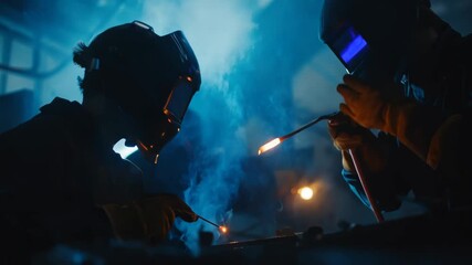 Medium shot of an apprentice actively engaging in welding practice under the watchful eye of an experienced technician. - Powered by Adobe