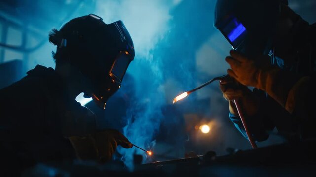 Medium shot of an apprentice actively engaging in welding practice under the watchful eye of an experienced technician.