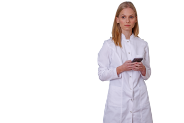 Woman medical professional wearing a white lab coat, holding and checking a smartphone, standing on a transparent background
