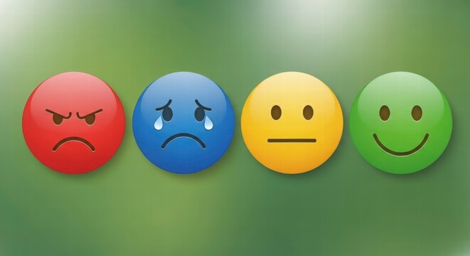 Emotional Spectrum: A quartet of emojis representing a range of emotions, from anger and sadness to neutrality and happiness, lined up against a seamless background.