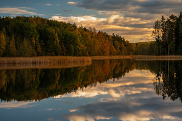 Colourful autumn landscape in the forest next to a lake during sunset, water reflections and colourful sky