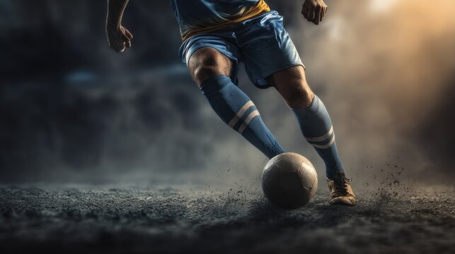 Dramatic soccer action shot of a player kicking the ball in a stadium