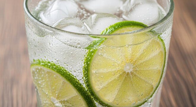 Refreshing Lime Drink: A cool, invigorating beverage with slices of fresh lime and glistening ice cubes, presented in a crystal glass. A perfect drink to quench your thirst and brighten the day. - Powered by Adobe