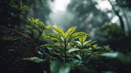 Lush green plant sprouts in vibrant forest illuminated by soft light