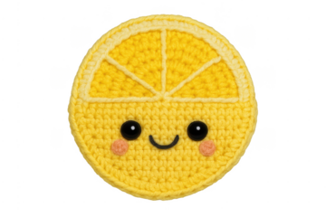 Handcrafted amigurumi lemon slice character smiling, transparent background