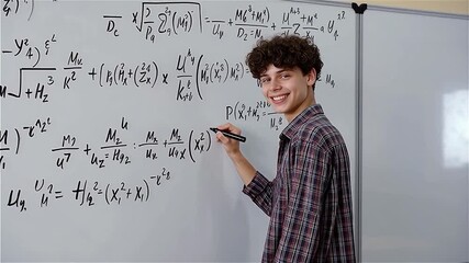 Cheerful Young Male Student with Curly Hair Solving Complex Physics or Engineering Mathematical Equations on a Whiteboard, Symbolizing High Intelligence, Learning, and Academic Success - Powered by Adobe