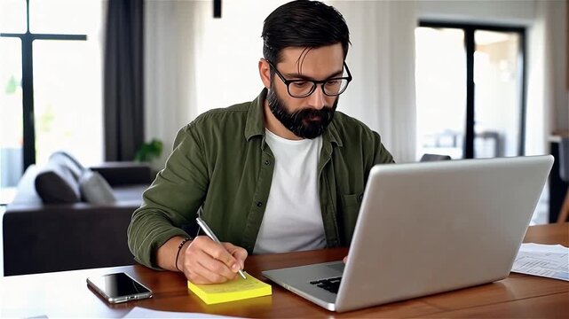 Focused Young Man with Beard and Glasses Working Remotely from Home on a Laptop, Writing Important Notes on a Yellow Sticky Pad During a Virtual Meeting or Planning Session