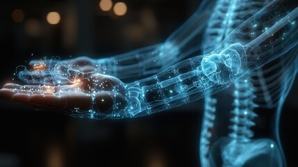 Rendered human anatomy illustration, showcasing bones, skin, and network, glowing in cool blue