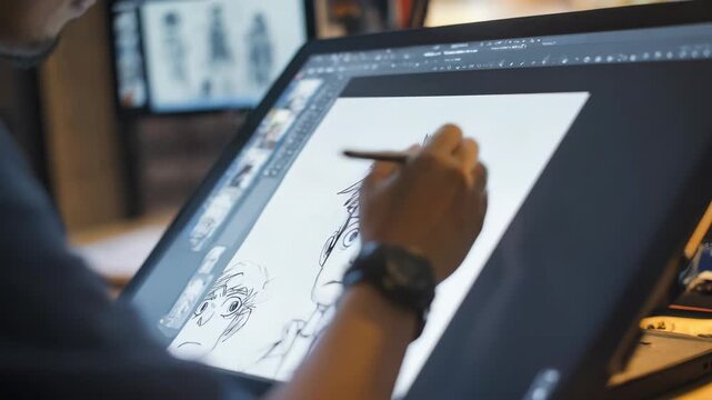 Artist drawing detailed 2D character animations on a graphic tablet for engaging game storytelling.