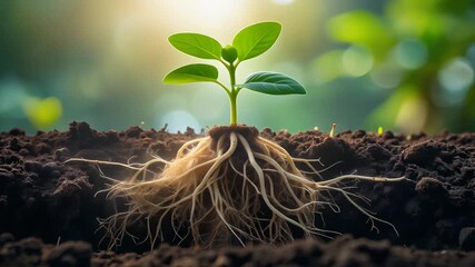 Close up of a young plant seedling with visible roots growing in fertile soil under warm sunlight.