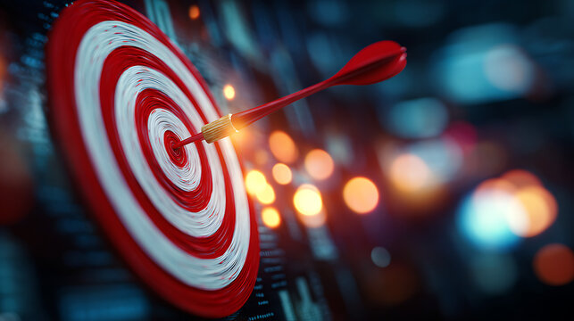 Close-up of a red and white bullseye target with a dart hitting the core against blurred background