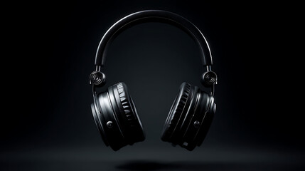 A pair of black over-ear headphones floats in a dark studio with soft spotlight glow, and quiet hue