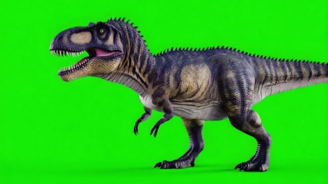 A dinosaur with sharp teeth and a long tail standing against a bright green background color dinosaur green screen video