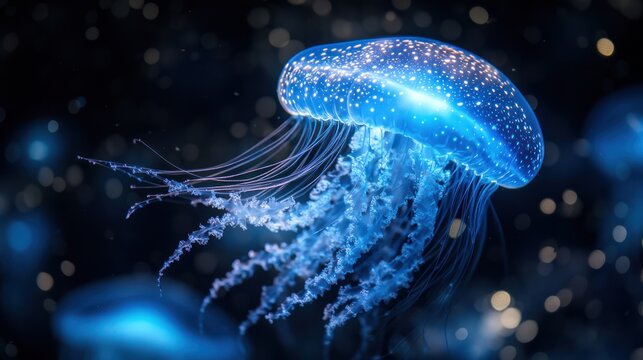 Glowing, ethereal jellyfish with illuminated tentacles floats through a dark, blurred underwater scene