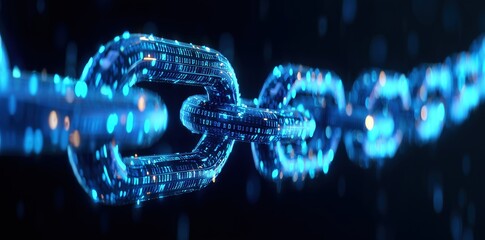3D blue digital chain with binary code background representing blockchain technology, data security, encryption, and global network connection in modern digital cyberspace environment
